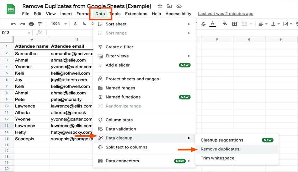 ۵ ترفند برای حذف داده های تکراری گوگل شیت Google Sheets