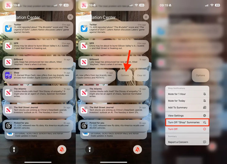 خاموش کردن سریع AI Notification Summaries